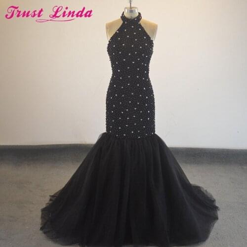 Luxury Black Pearls Mermaid Bridesmaid Dresses Robe De Bal De Formal Bridal Party Wear Dress Sexy Backless Prom Gowns