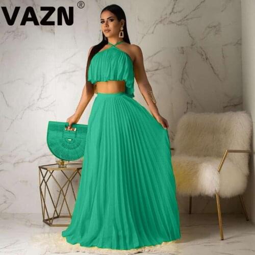 VAZN Summer Pleated Chic Ladies Slim Elegant Female 2020 Set Halter Sleeveless 2 Piece Sets Night Club Young Lady Sets
