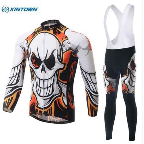 XINTOWN Fire Skull Cycling Jersey Sets Long Sleeve Bike Bicycle Kit jersey & Pant S-4XL