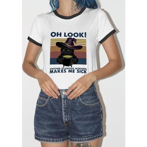 Oh Look Another Glorious Morning Makes Me Sick T-shirts Funny Halloween Witchy Cat Shirts Women aesthetic art vintage Tops