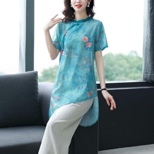 2021 Summer Womens 2 Pieces Linen Cotton Suits Ladies Vintage Floral Printed Blouse Tops with Wide Leg Pants Short Sleeved