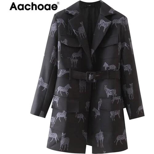Aachoae Women Vintage Animal Printed Blazer Suits With Belt Vintage Notched Collae Long Sleeve Coats Female Chic Outerwear