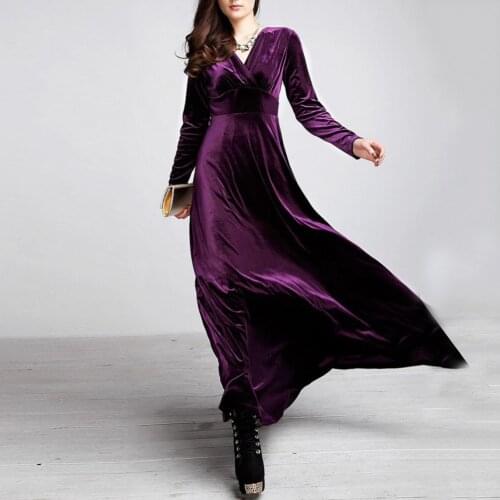 Vintage Women Long dress V Neck Pleated Velvet Banquet Maxi Dress V Neck Pleated Velvet Banquet Party Maxi Dress robe femme 2021