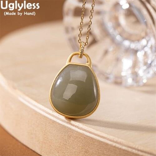 Uglyless Cute Fat Irregular Jade Pendants Necklaces for Women Gold Genuine 925 Silver Necklaces + Chains Gemstones Dress Jewelry
