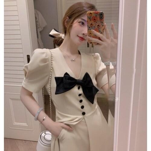 Bella 2021 Summer Korean Solid Elegant Midi Dresses Women Casual Short Sleeve Sweet Vintage Dress Office Ladies Bow Design dress