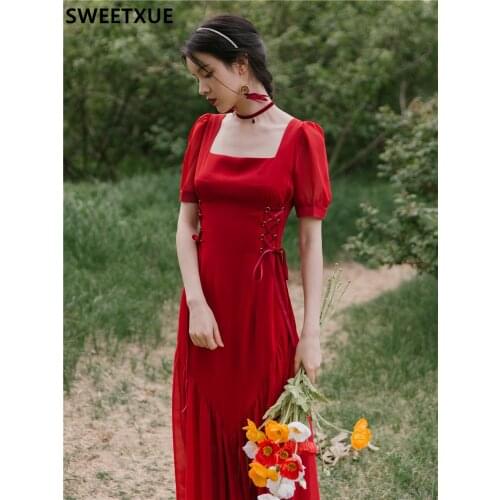 SWEETXUE Summer French Vintage Red Square Collar Temperament Elegant Lace-up Fishtail Long Dress Vestidos Robe Femme