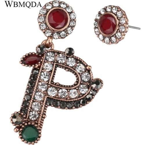 2018 New Vintage Crystal Turkish Earrings For Women Antique Gold Color Letter P Asymmetry Earrings Indian Statement Jewelry