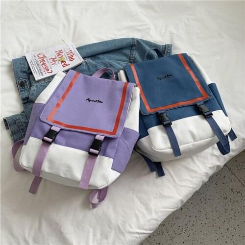 2021 Women Vintage Contrast Color Handbags Knapsack Canvas Large Capacity Rucksack Multi-Function Backpack Ladies School