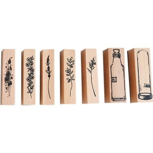 7Pcs Vintage Wooden Rubber Stamps Kit, Plant & Flower Decorative Mounted Rubber Stamp Set for DIY Craft Scrapbooking