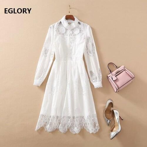 Hollow Out Embroidery Dress 2021 Spring Summer Fashion Style Women Tunic Buttons Front Long Sleeve Casual Party Club White Dress
