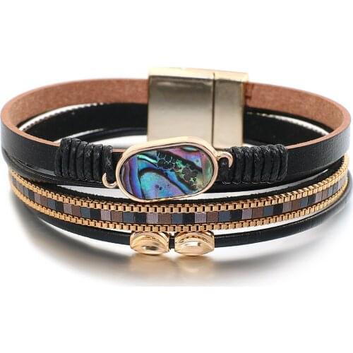 Amorcome Unique Shell Charm Bracelets Handmade Boho Women Leather Bracelet Bangles Multi-strand Magnetic Clasp Wristband Jewelry