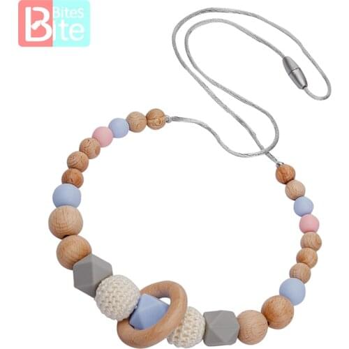 Baby Teething Chew Necklace Silicone Necklace With Wooden Ring Food Grade Beads Long Chain Wooden Toys Gift For Baby Teether