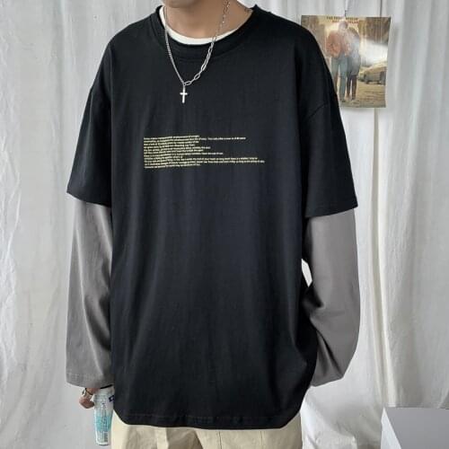 Korean Fashions Tops Tees Plus Size Men Patchwork Tshirts Long Sleeve 2021 Autumn Mens Harajuku Fake Two Pieces Tshirt