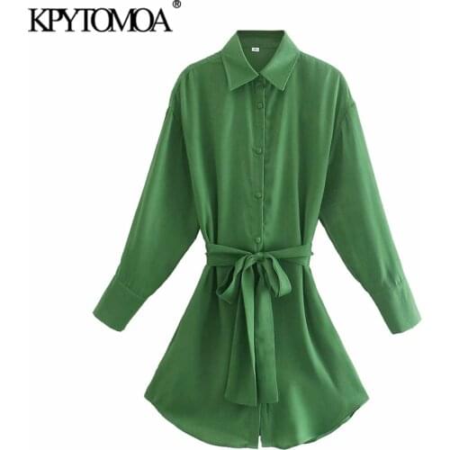 KPYTOMOA Women 2021 Fashion With Belt Loose Green Midi Shirt Dress Vintage Long Sleeve Button-up Female Dresses Vestidos Mujer
