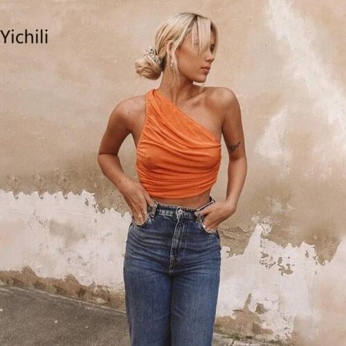 Women Sexy Shoulder Ruched Crop Tops Camis Summer Fashion Solid Bodycon Tops Femme Backless Slim Tank Top Streetwear