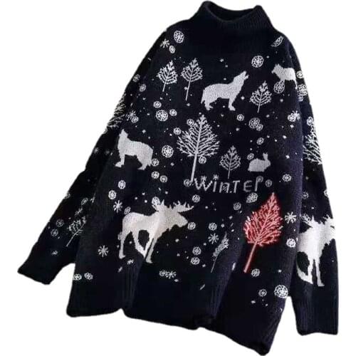 2021 New Autumn and Winter Embroidery Christmas Elk Sweater Women Loose Retro Thick Sweater Fashion Sexy Pullover Sweater