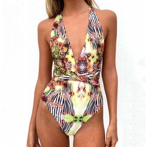 New European and American Sexy Printed V-Neck One-Piece Swimsuit for Women