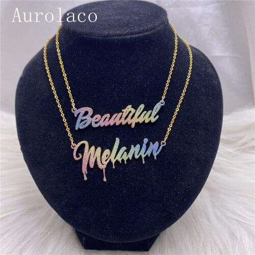 AurolaCo Custom Name Necklace Bling Name Necklace Colorful Sticker Necklace Stainless Steel Necklace for Women Gift Dropshipping