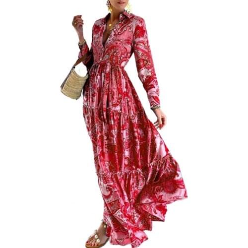Beach Dress Floral Print Turn-down Collar Summer Button Pleated Maxi Beach Dress for Lady