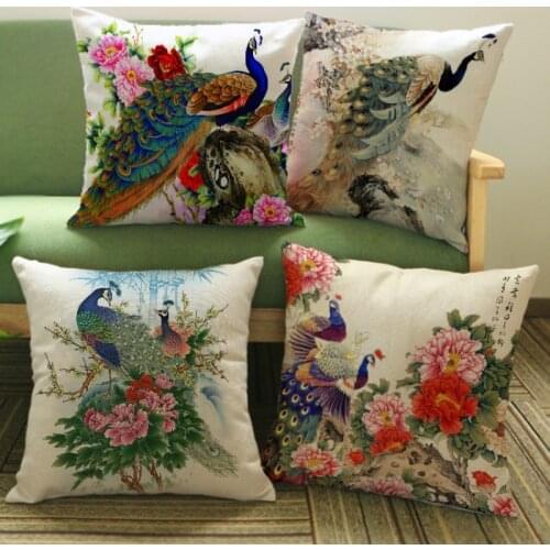 Luxury Chinese Unique Peacock Print Cushion Cover Elegant Flower Poeny Print Pattern Pillow Case Pillowcase Home Decoration