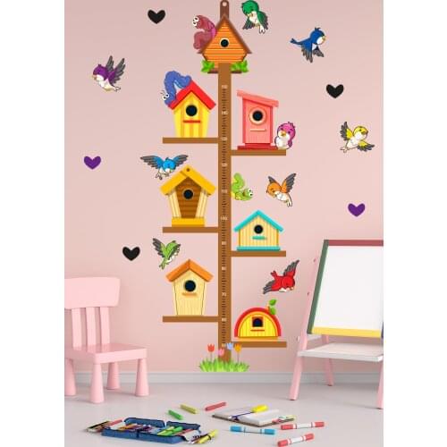 Cute Bird Houses Size Ruler Kids Room Wall Adhesive Pvc Home Decor Accessory Kids Nursery Self-Adhesive Wall Paper