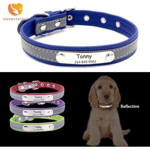 Reflective Leather Personalized Free Engraved Cat Dog Collar Custom Puppy Cats Pet Collars Name ID Tag For For Small Medium Dogs