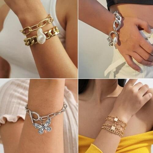 Vintage Gold Silver Color Bracelets Set Cuban Link Chains Charm Bracelet for Women 2021 Fashion Jewelry Gift