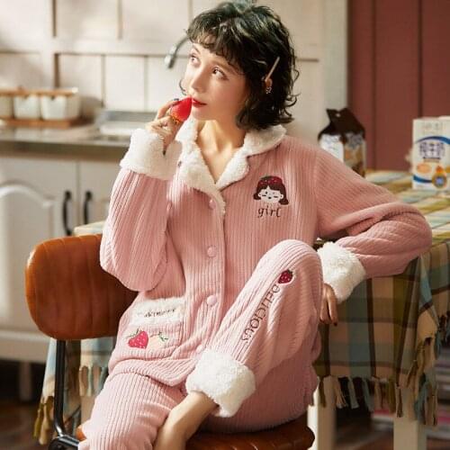 Womens Autumn And Winter Thickened Warm Flannel Girls Homewear Cartoon Pajamas Set