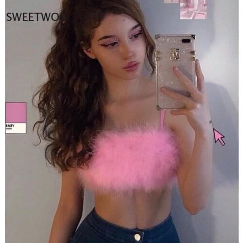 2021 Fake Fur Patchwork Sleeveless Tube Sexy Crop Tops Autumn Winter Women Pink Streetwear Pur Outfits Camis