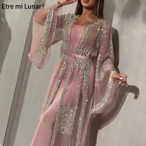 2021 Elegant lastest Fashion Dubai Muslim Evening Dress Long Sleeves Sequins Embroidery Lace Ramadan Kaftan Islam Kimono LE4060