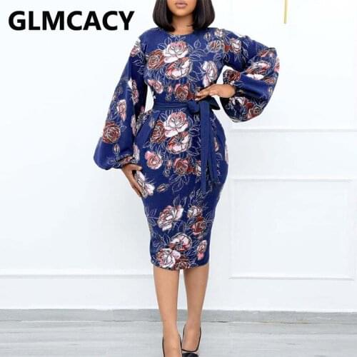 Women Plus Size Retro Printed Puff Sleeve Office Lady Elegant Party Dress