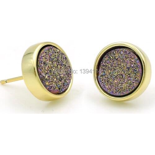 4mm 6mm 8mm 10mm Titanium Gold/Silve r/Rainbow/Blue/Black/AB Agat e Druzy Round Stud Earrings Copper Setting Of Plating Gold
