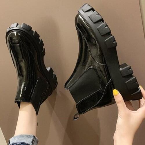 2021 Spring Autumn Patent Leather Ankle Boots Women Motorcycle Boots Female Shoes for Woman Thick Sole Brand Boots Beige Black