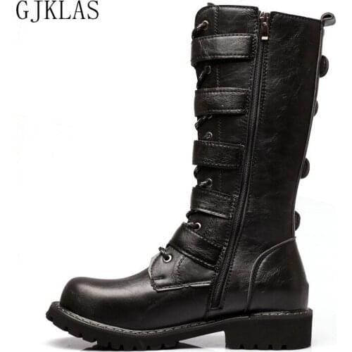 High Quality Leather Shoes Men Calf High Boots Fashion Casuales Outdoor Shoes Male Cowboy Boots Comfort Black Man Chunky Boots