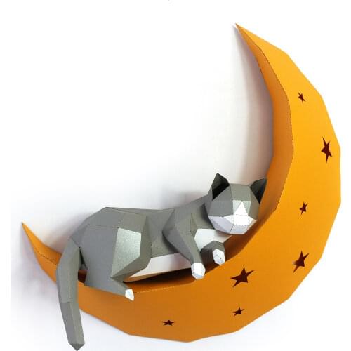 Paper Wall Hanging Statues Sculptures Cat On Moon Animal Model Home Decor DIY Craft