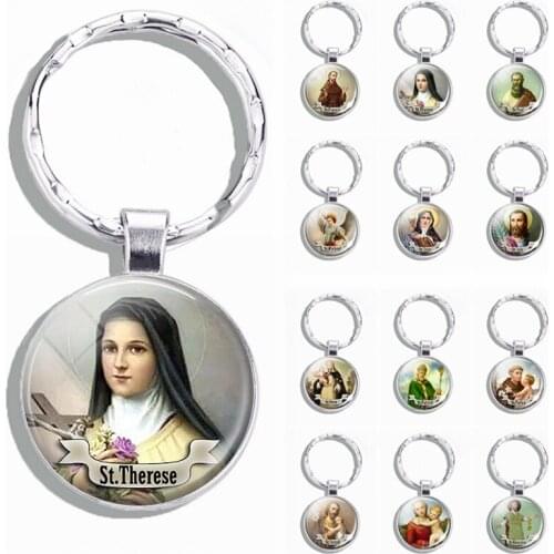Church Souvenir St Therese Michael Anthony Joseph Keychain Glass Keyring Jewelry Saint Religious Christianity Catholicism Gif