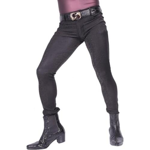 Black personality fashion motorcycle faux leather pants mens feet pants 3D plaid pattern high elasticity pu trousers for men