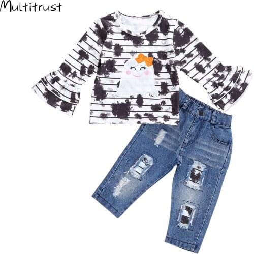 Baby Halloween Clothes Long sleeve Trousers Suit Personality Stripe Blooming Round Neck T-shirt and Elastic Ripped Jeans