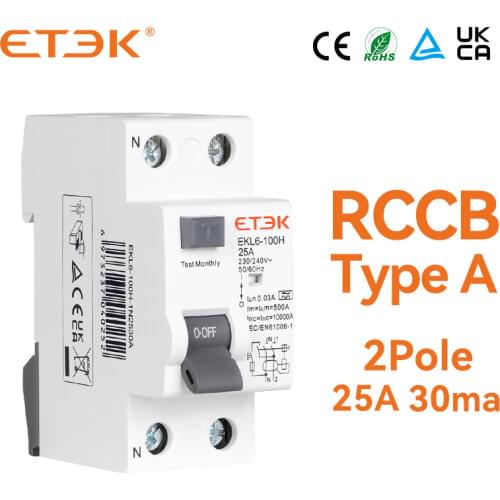 ETEK EKL6-100H-1N2530A RCCB 10KA 1P+N 25A 30mA Type A