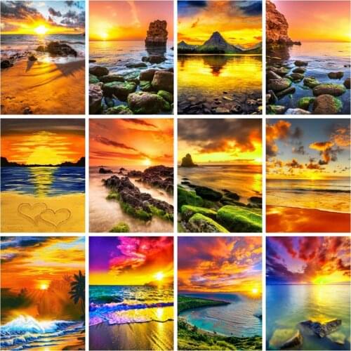 Huacan Full Square/round Diamond Painting Sunset Seaside Scenery Mosaic Embroidery Sea Beach Home Decor Diamond Art