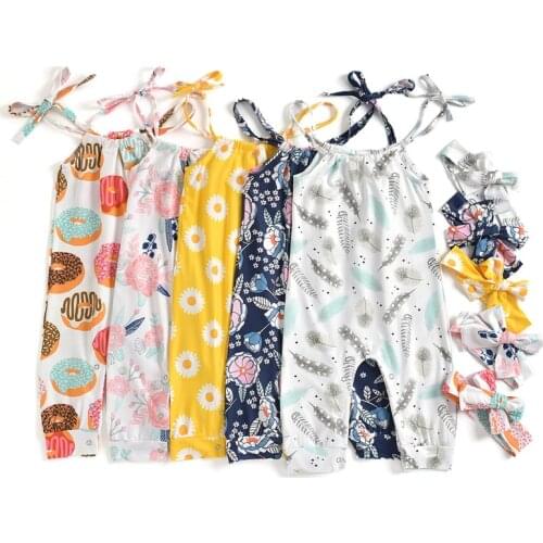 Summer Girls Outfits Cute Cartoon Print Halter Sleeveless Jumpsuit Headband Set Belt Rompers Baby Clothing