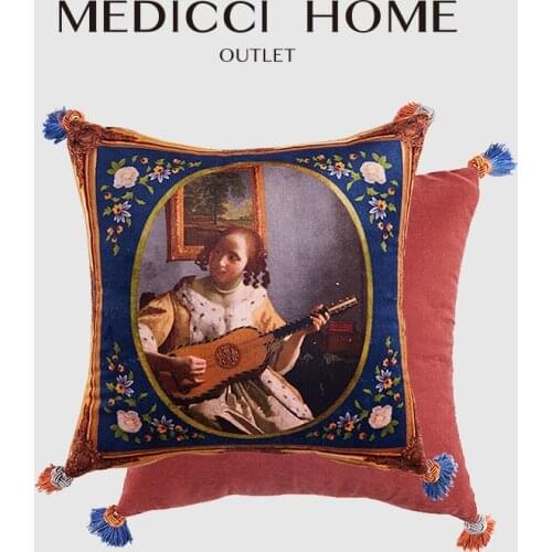 Medicci Home Vintage Cushion Cover Retro Style Guitar Girl Graphic Print Living Room Sofa Decorative Accent Pillow Case 30x30cm