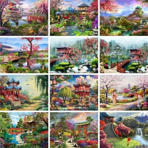 Huacan 5d DIY Diamond Painting Kit Spring Landscape Beads Embroidery Sakura House Full Square Mosaic Stitch Picture