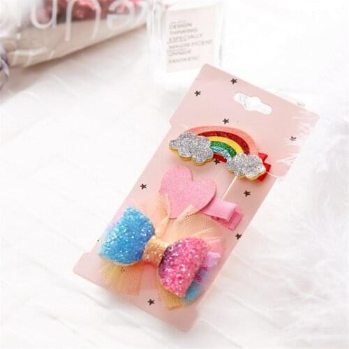 5set/lot Fashion Girls Headwear Set Cartoon Heart Hairpins Rainbow Bow Hair Clips Children Shiny Hairpins Hair Accessories