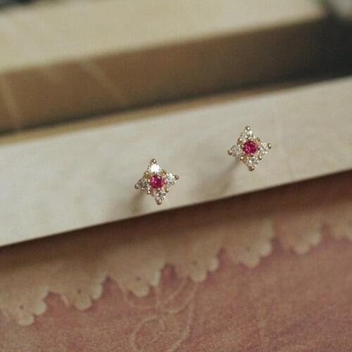 Goldtutu NEW ARRIVAL 9k Pure Gold Earring Studs Jewelry Red Gemstone Dainty Mini For Female