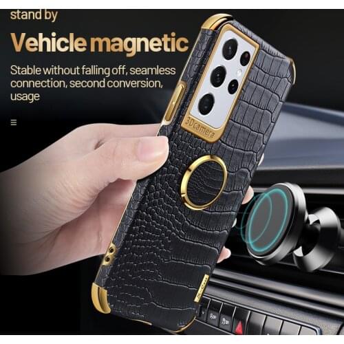 Luxury Ring Holder Leather Phone Case For Samsung Galaxy S21 S20 FE S10 Note 20 10 9 8 Plus Plating Metal Magnetic Bracket Cover