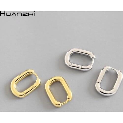 HUANZHI 2020 New S925 Silver Color Retro Metal Geometric U-shaped Oval Small Stud Earrings for Women Girls Simple Jewelry