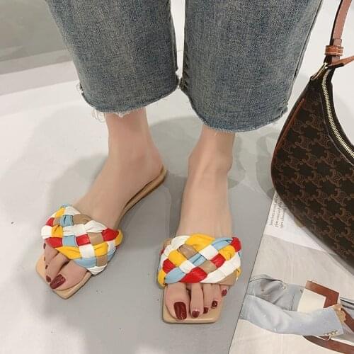 Fashion Weave Multicolor PU Leather Womens Slippers Summer Outdoor Shoes for Woman Slides Plat 2021 Female Slippers Flip Flops
