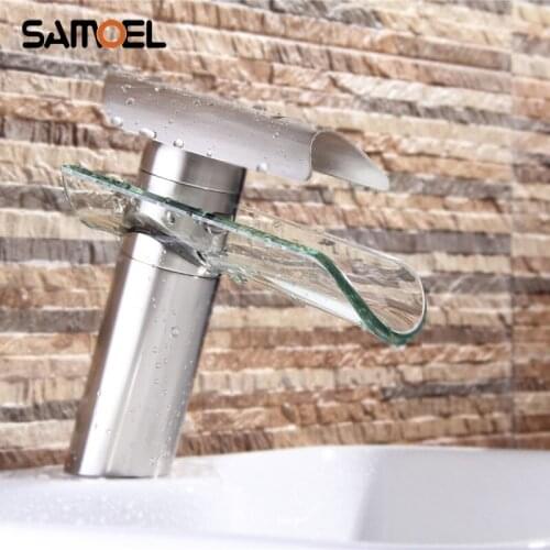 Deck Mount Brass Glass Waterfall Bathroom Sink Faucet Single Hole Brushed Nickel Basin Water Mixer Tap NL712