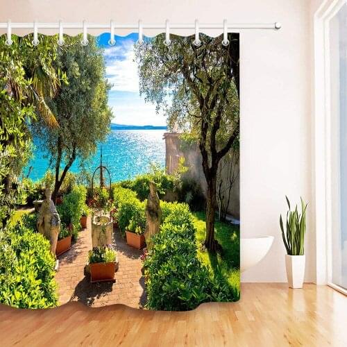 Sunny seaside garden with beautiful scenery Bathroom decoration, 3D HD, polyester waterproof shower curtain, 12 hooks, 180X180c